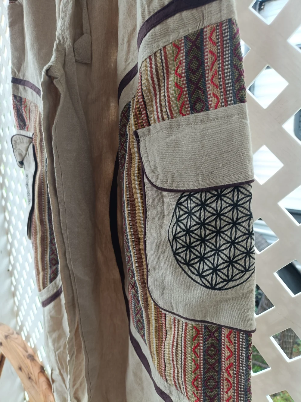 Bohemian Beige Men’s Cargo Pants with Patterned Panels